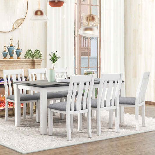 Retro Style 7 Piece Dining Table Set With Extendable Table And 6 Upholstered Chairs - Gray / White