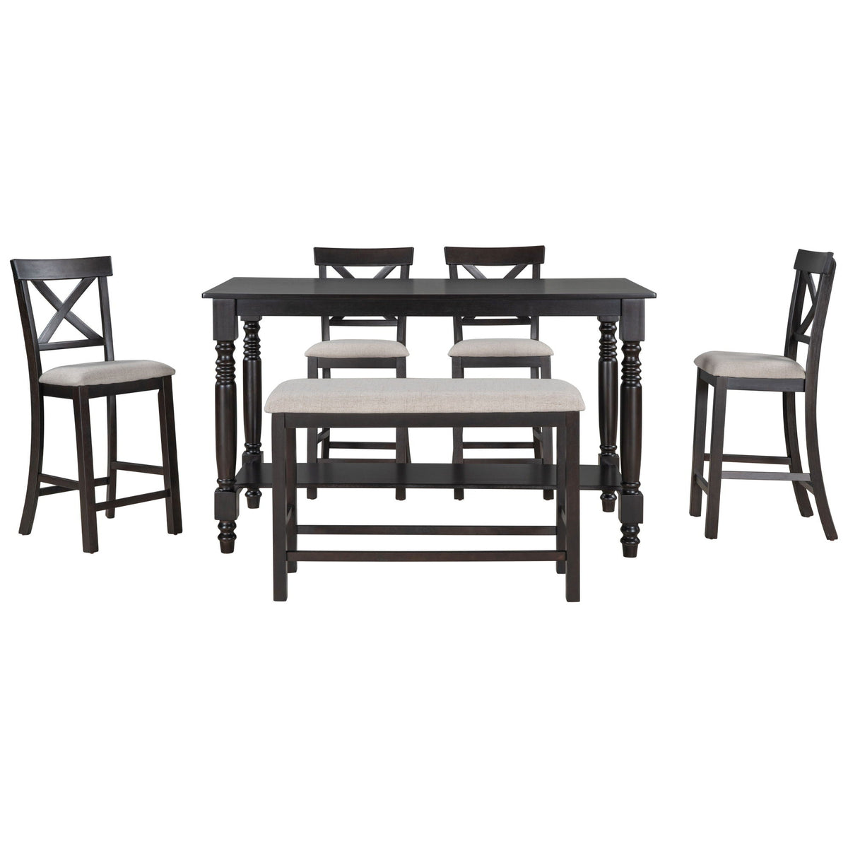 Counter Height Dining Set With Shelf, 4 Chairs And Bench