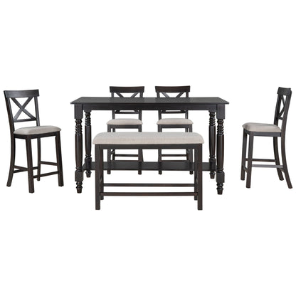 Counter Height Dining Set With Shelf, 4 Chairs And Bench