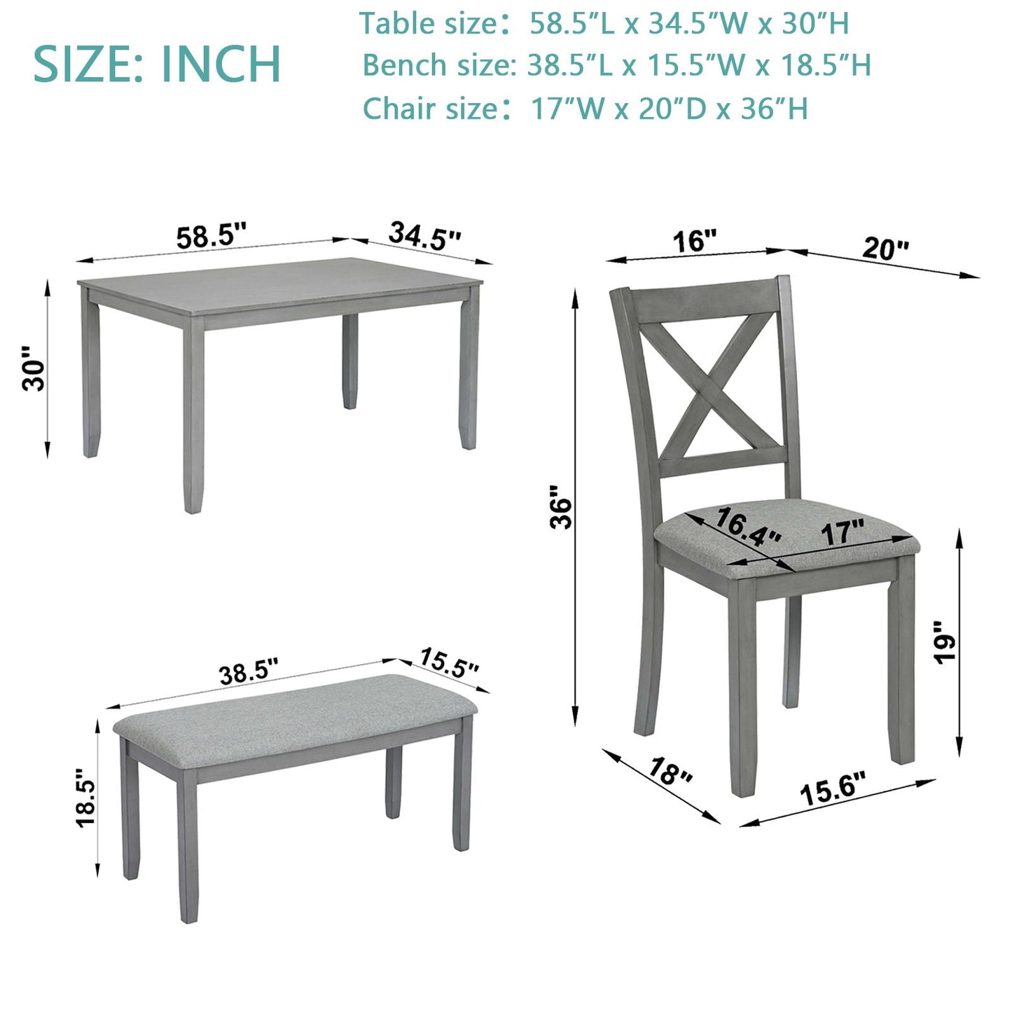 6 Pieces Kitchen Dining Set, Rectangular Wooden Dining Table With 4 Chairs And A Bench