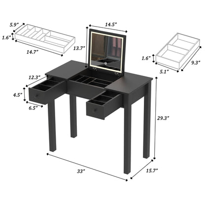 Vanity Table With LED Lights, Flip-Top Mirror And 2 Drawers, Jewelry Storage