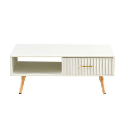 Modern Rectangle Coffee Table With Legs, Sliding Drawer For Storage - White