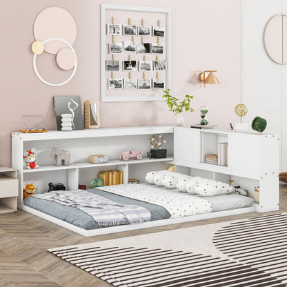 Floor Bed With L-Shaped Bookcases, Sliding Doors, Without Slats