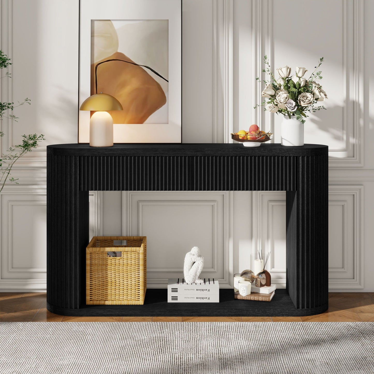 Oval Fluted Console Table With 2 Drawers And Bottom Shelf