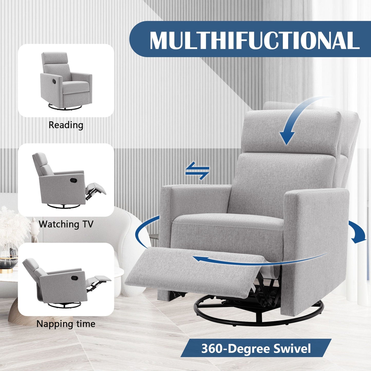 Modern Upholstered Rocker Nursery Chair Plush Seating Glider Swivel Recliner Chair