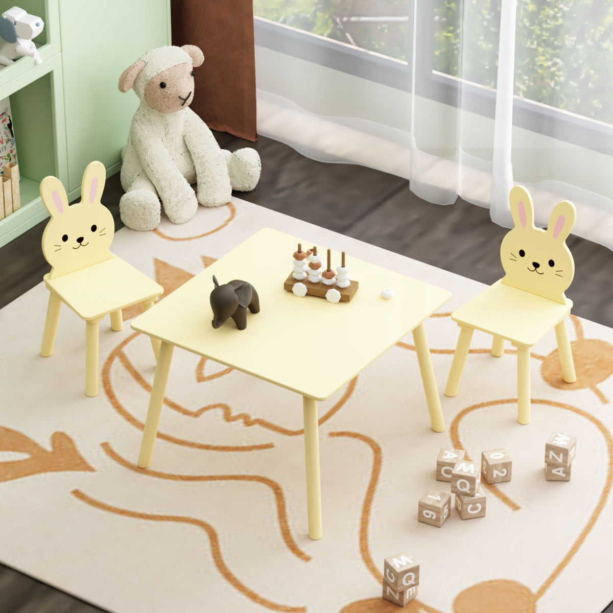 Table And Chair Set With 2 Bunny Chairs, Children's Activity Table For Toddlers, Cute Animal Design - Yellow