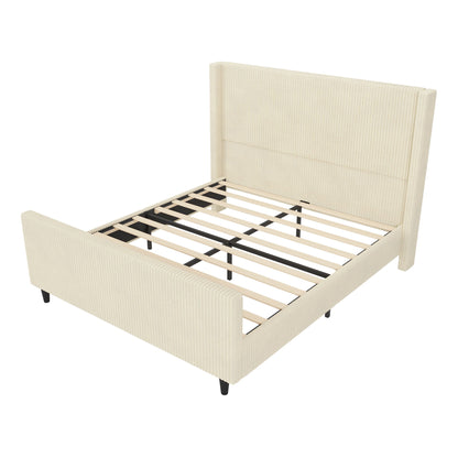 Upholstered Bed Frame With Vertical Stripe Wingback And High Footboard