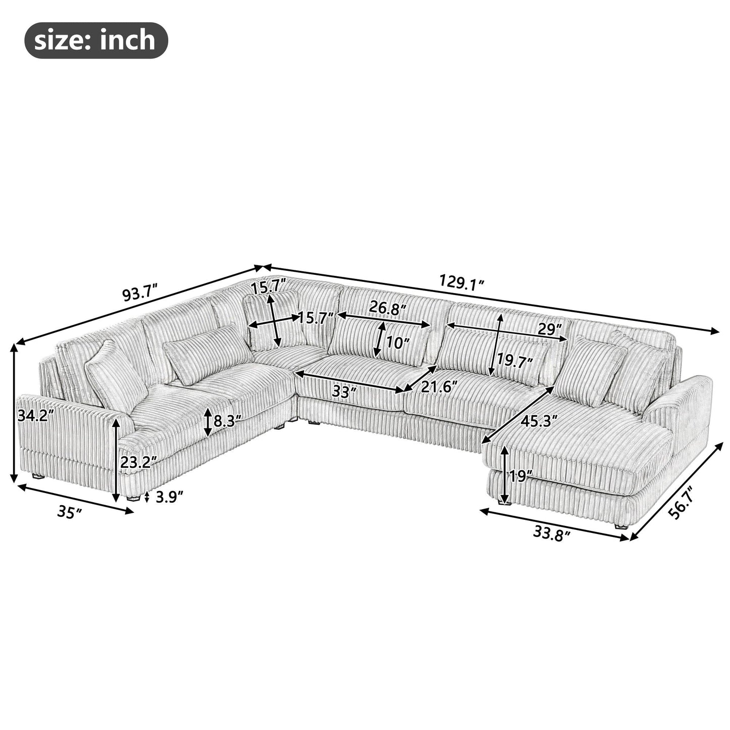 U - Shaped Sectional Sofa With Chaise Lounge, Oversized Living Room Sofa - Gray