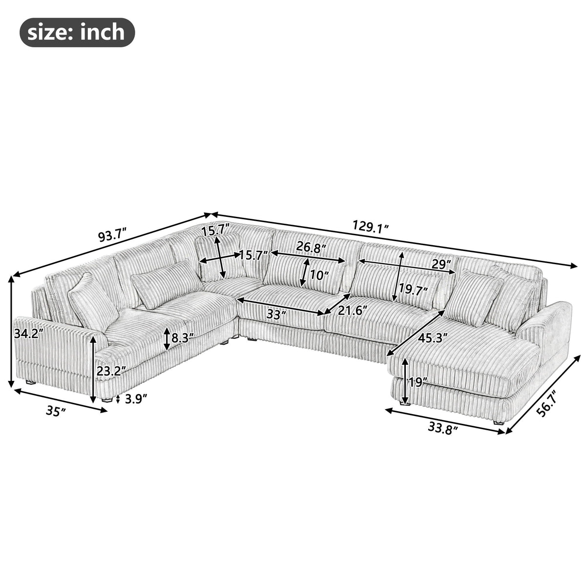 U - Shaped Sectional Sofa With Chaise Lounge, Oversized Living Room Sofa - Gray