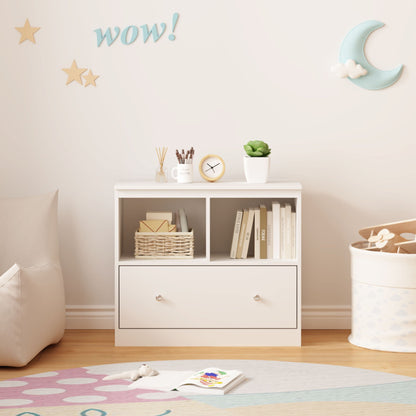 Toy Storage Organizer With Large Drawer And Low Bookshelf For Nursery & Playroom - White