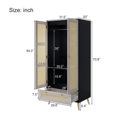 Tall Armoire Wardrobe Closet With 2 Rattan Doors & 1 Drawer, Boho Clothes Storage Cabinet With Hanging Rod For Bedroom - Natural / Black