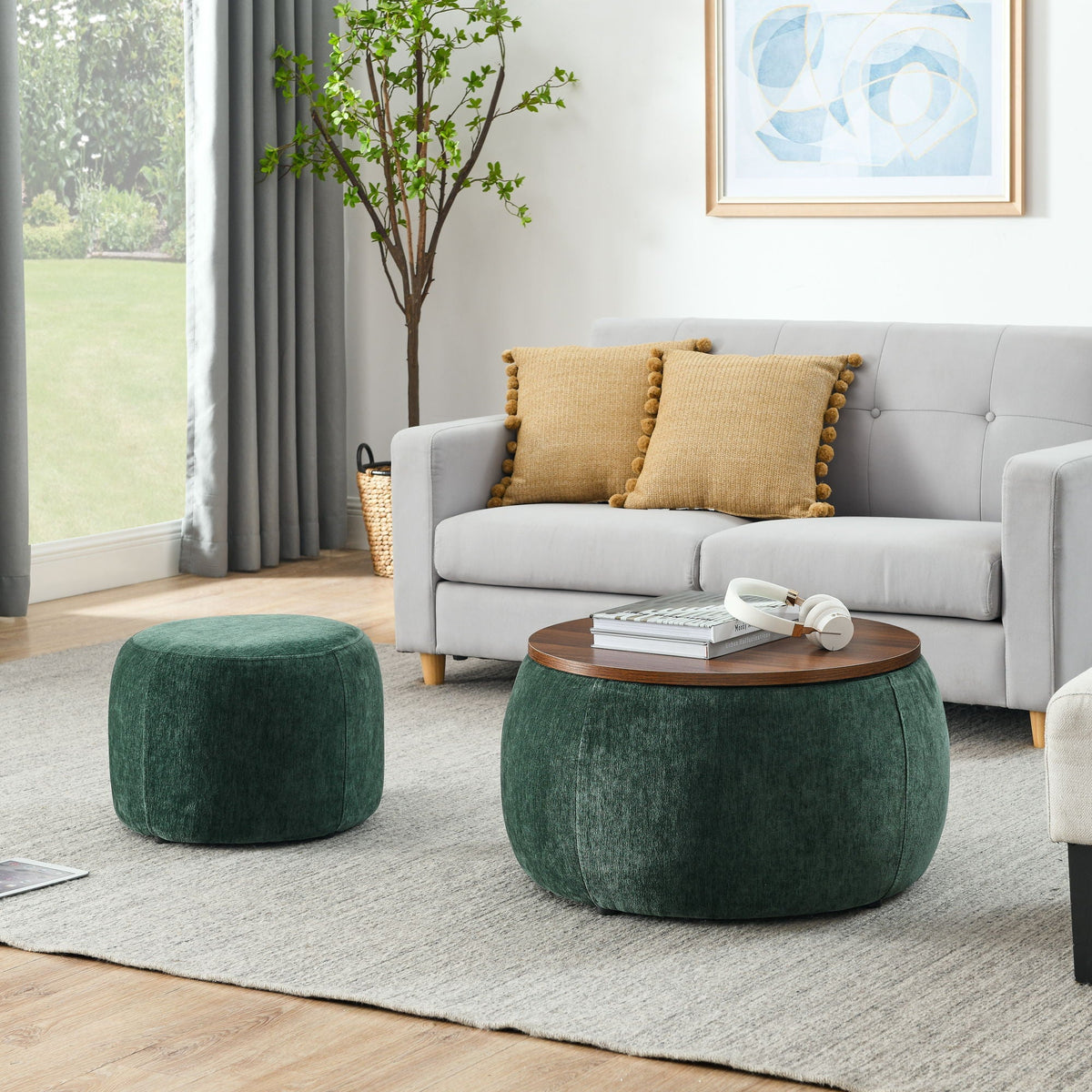 Round Storage Ottoman, 2 In 1 Function, End Table And Ottoman