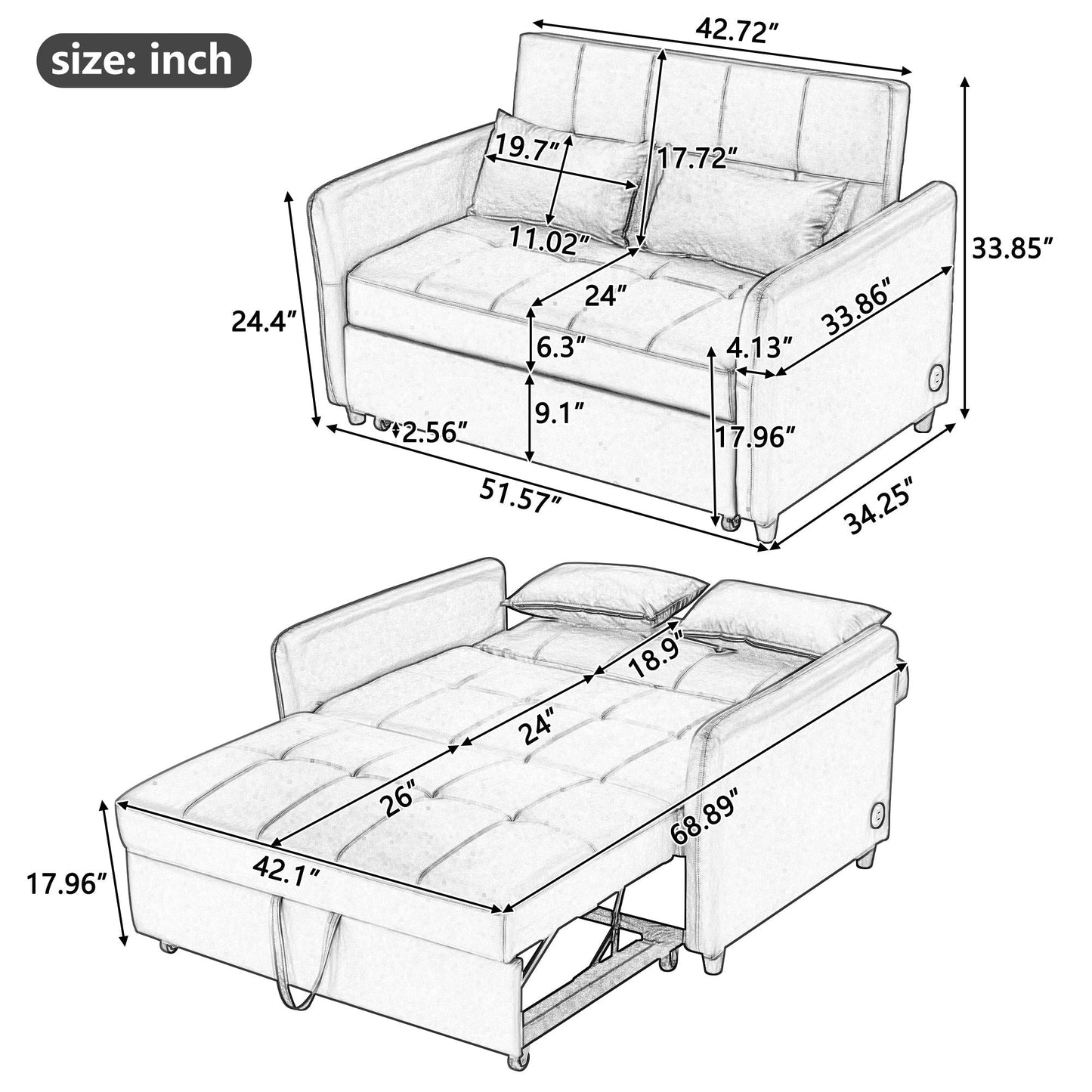 Convertible Sleeper Sofa Bed With 3 USB Ports