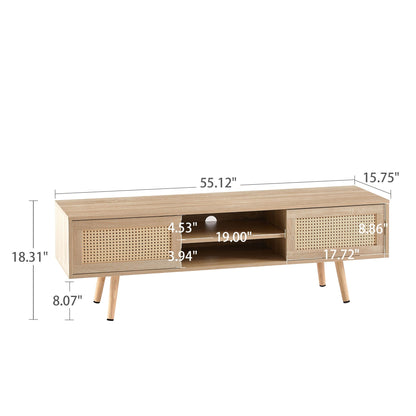 55.12" Rattan TV Cabinet, Double Sliding Doors For Storage, Adjustable Shelf, Solid Wood Legs, TV Console For Living Room