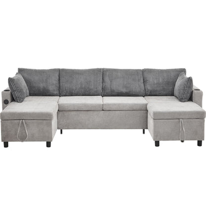 Sectional Sofa Bed With Pull Out Sleeper, USB Ports, Cup Holders