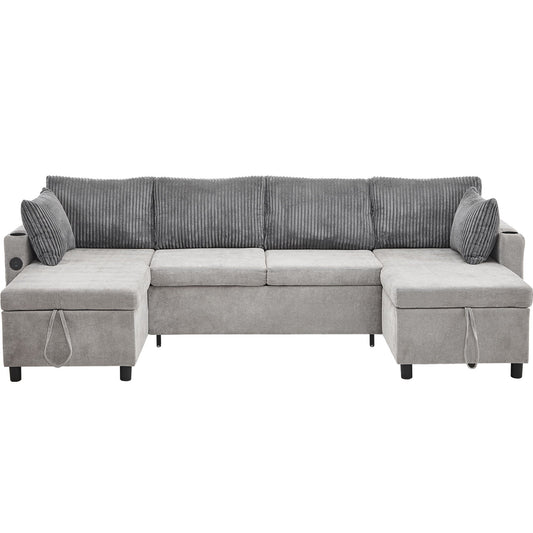 Sectional Sofa Bed With Pull Out Sleeper, USB Ports, Cup Holders