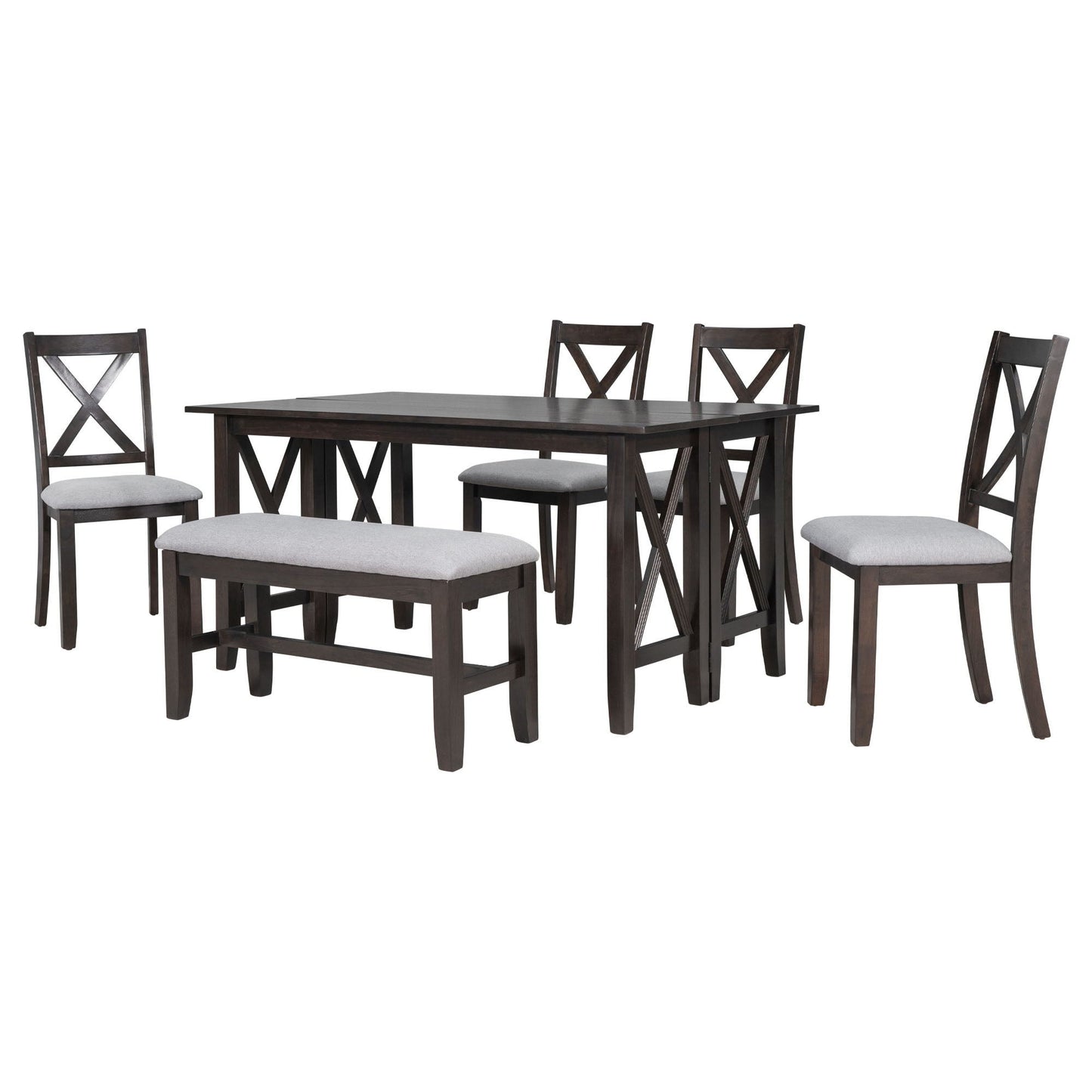 6 Piece Family Dining Room Set, Space Saving Foldable Table And 4 Chairs With Bench