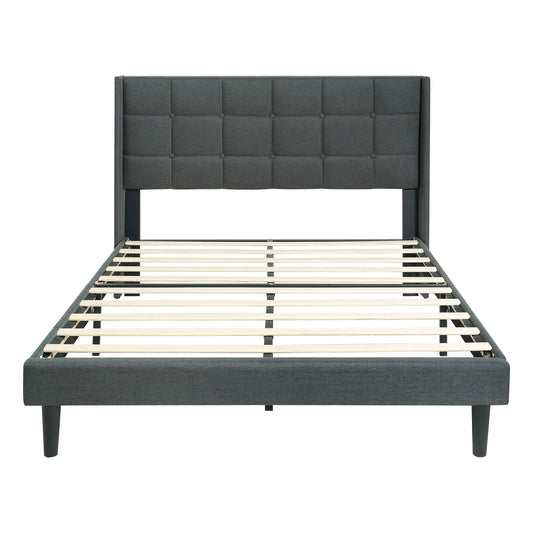 Queen Size Upholstered Platform Bed Frame With Button Tufted Linen Fabric Headboard - Dark Gray