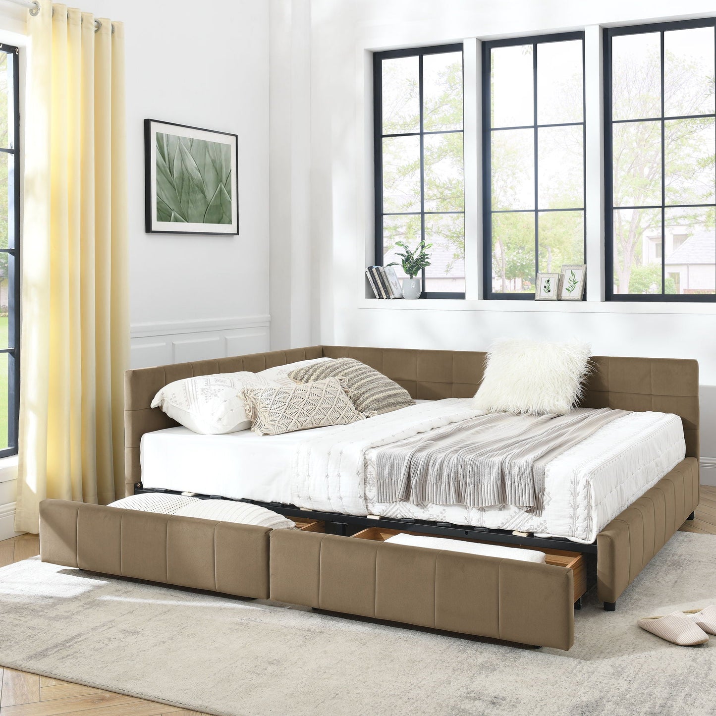 Storage Upholstered Tufted Bed Frame With Backrest And Armrests