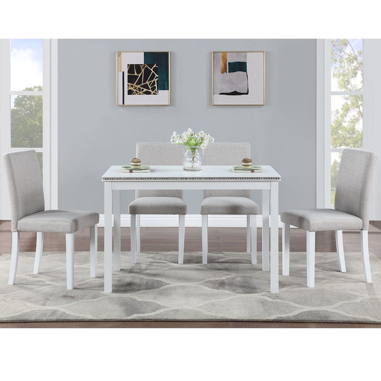 Dining Table Set With Crystal Decoration And Upholstered Chairs