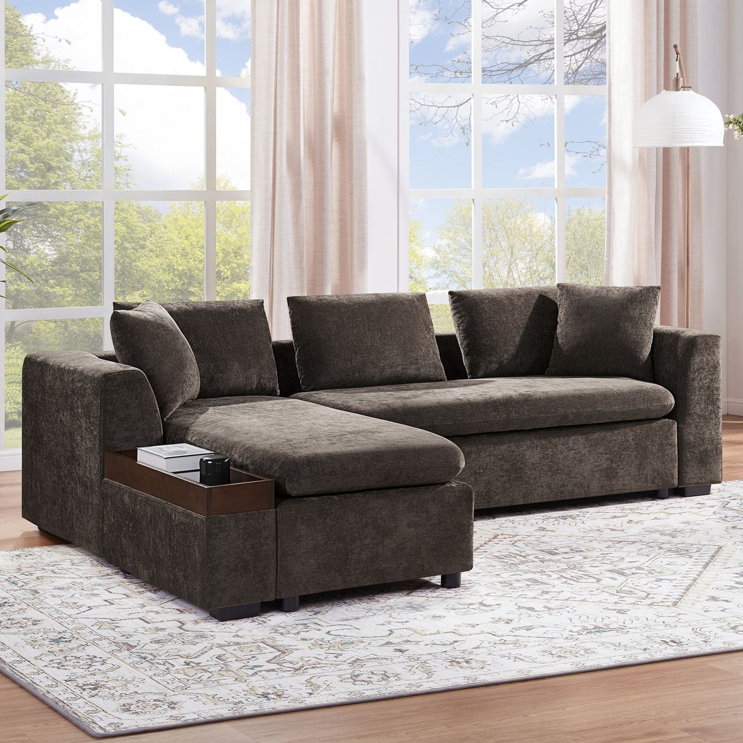 Modern L Shaped Sectional Sofa With Chenille Upholstery And Wooden Storage