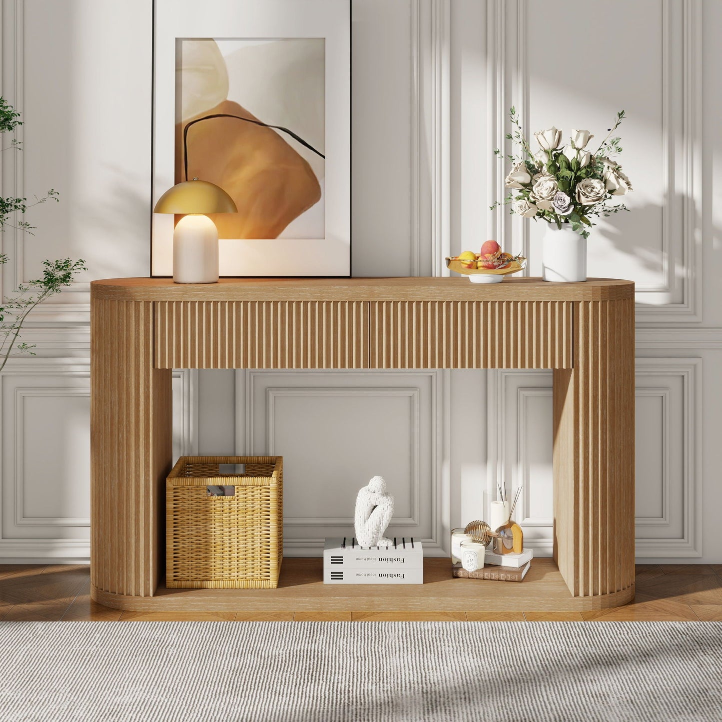 Oval Fluted Console Table With 2 Drawers And Bottom Shelf