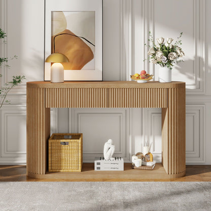 Oval Fluted Console Table With 2 Drawers And Bottom Shelf