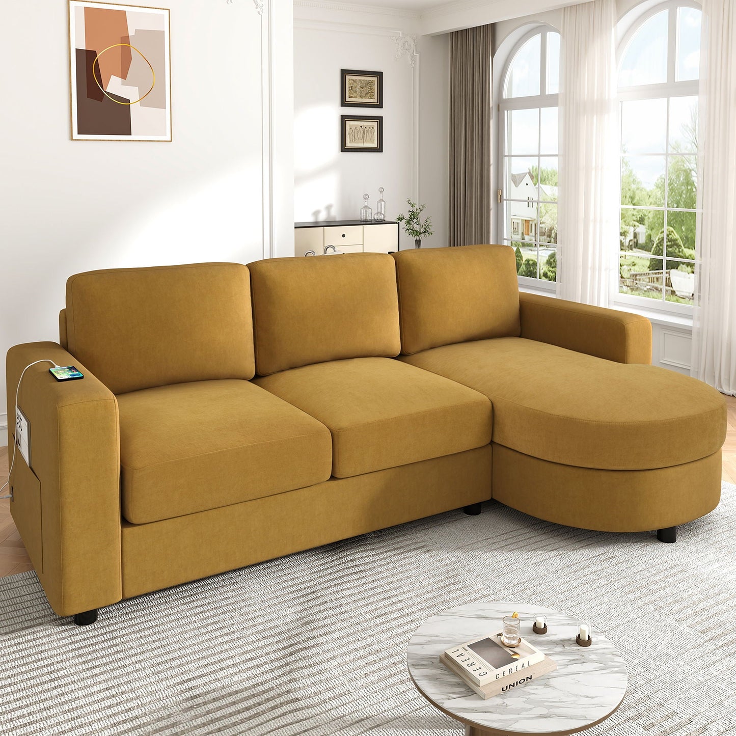 Modern L-Shaped Sectional Sofa With Curved Chaise, USB Ports, And Side Storage Pockets