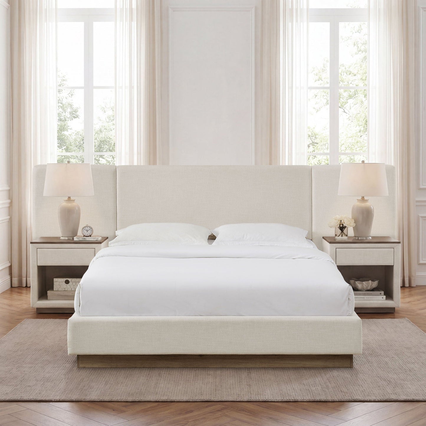Muse - Queen Upholstered Platform Bed Frame - Ivory / Light Gray / Camel Oak