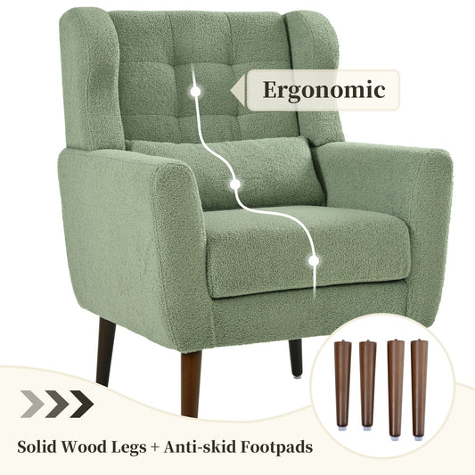 Modern Accent Chair, Teddy Fabric Living Room Chairs Comfy Reading Chair, Mid Century Accent Chair, Lounge Arm Chairs Armchair For Living Room Bedroom - Light Green