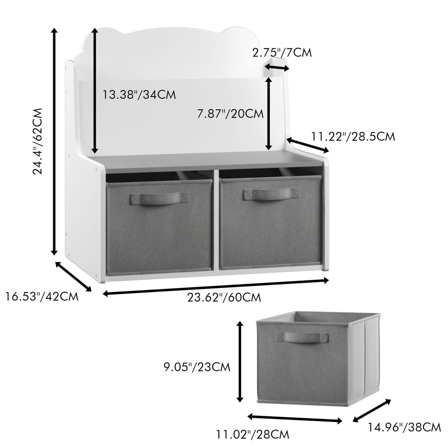 Bookshelf With Storage Bins, Bookcase With Book Display Shelf And 2 Bins, Cute Bear Shaped Backboard, Toy Organizer - White