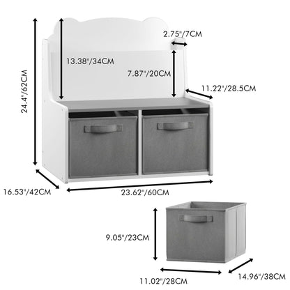 Bookshelf With Storage Bins, Bookcase With Book Display Shelf And 2 Bins, Cute Bear Shaped Backboard, Toy Organizer - White