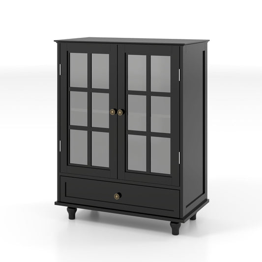 Minimalist Buffet Cabinet With Double Glass Doors And Drawer