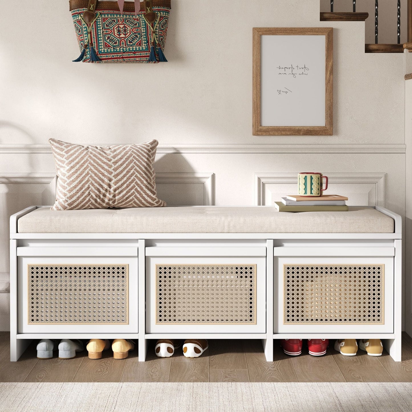 Entryway Shoe Bench With Drawers & Button Tufted Cushion