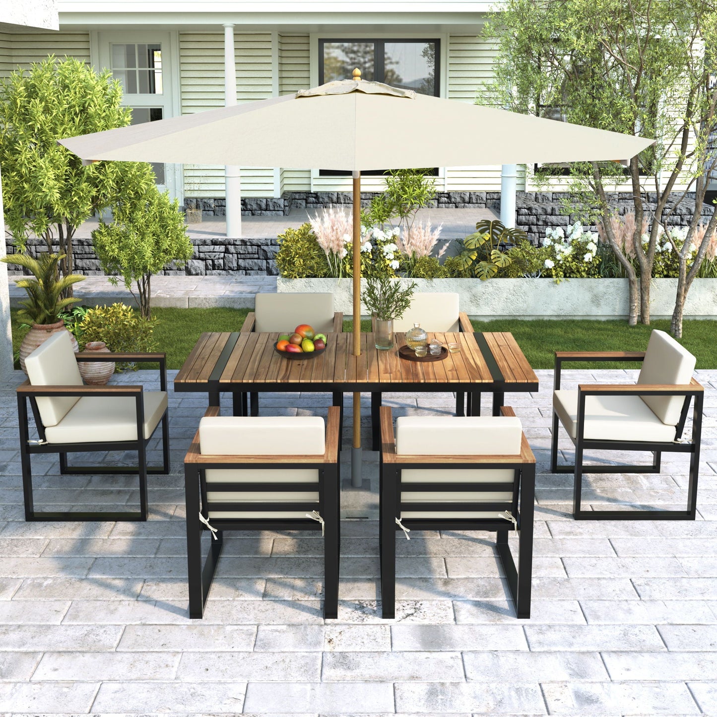 7 Pieces Outdoor Dining Set Patio Dining Table And Chair Set With And Removable Cushions For Patio
