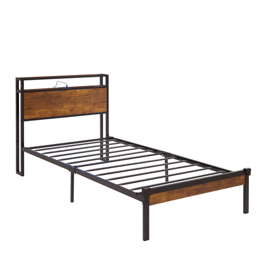 Metal Platform Bed Frame With Wooden Headboard And Footboard With USB Liner, No Box Spring Needed, Under Bed Storage