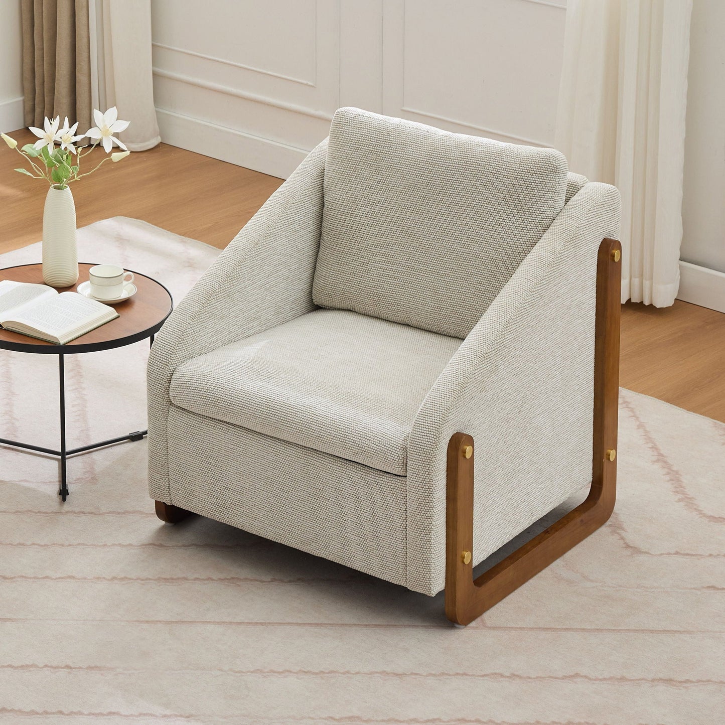 Modern Chenille Upholstered Armchair With Wooden Side Frame