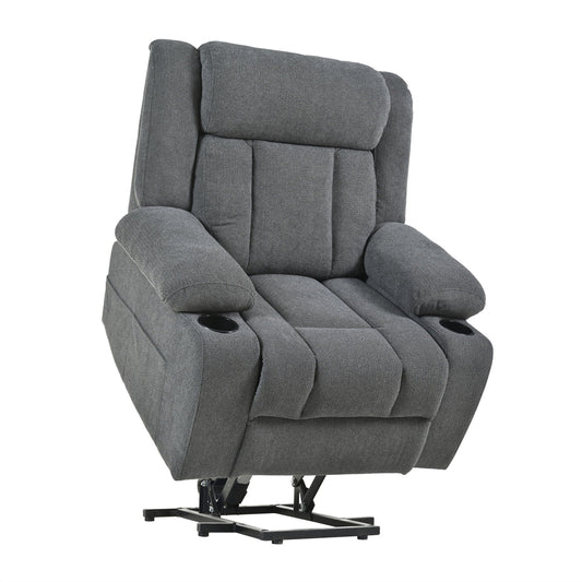 Power Lift Recliner Chair With Extended Footrest, Remote Control, Cup Holders, And Side Pockets