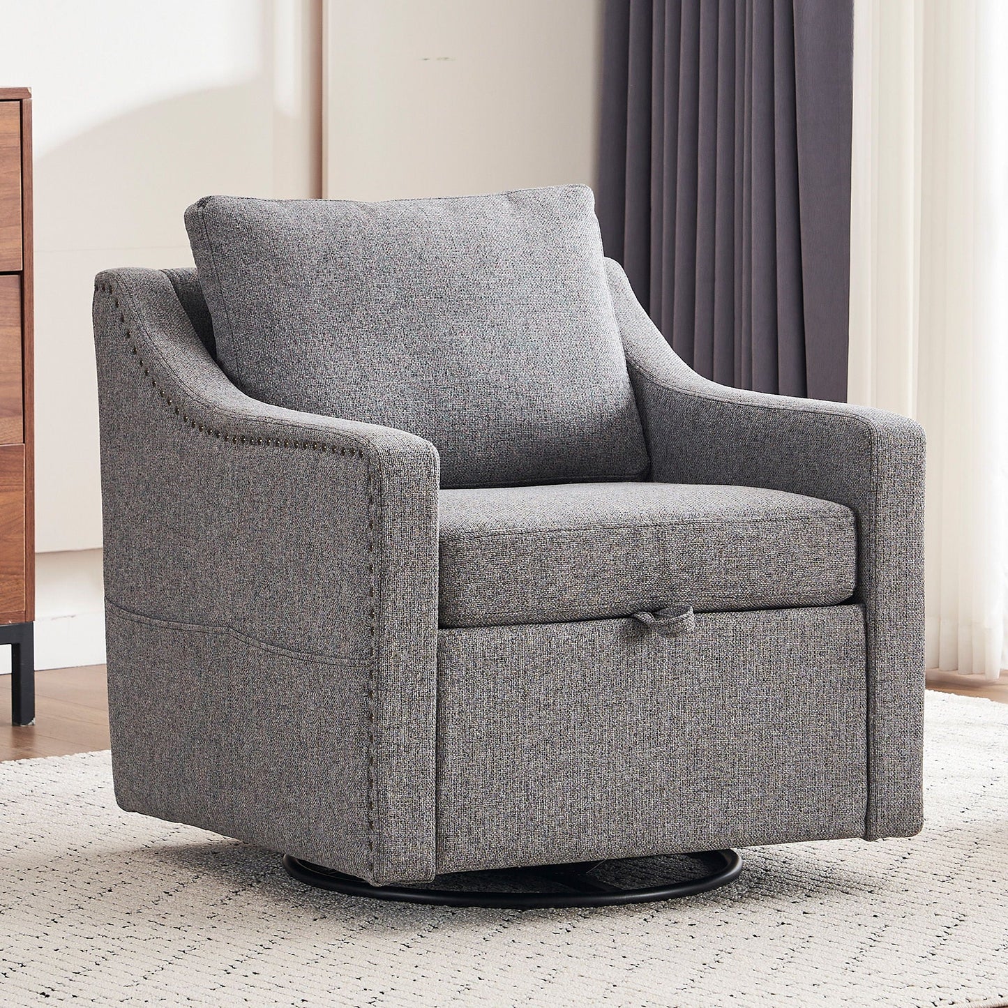 Linen Fabric 360° Swivel Accent Chair With Upholstered Back Pillow And Rivet Armrest