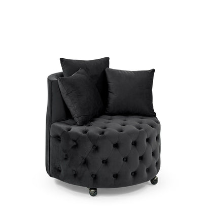 Modern Velvet Upholstered Swivel Chair With Button Tufted Design Movable Wheels 3 Pillows - Black