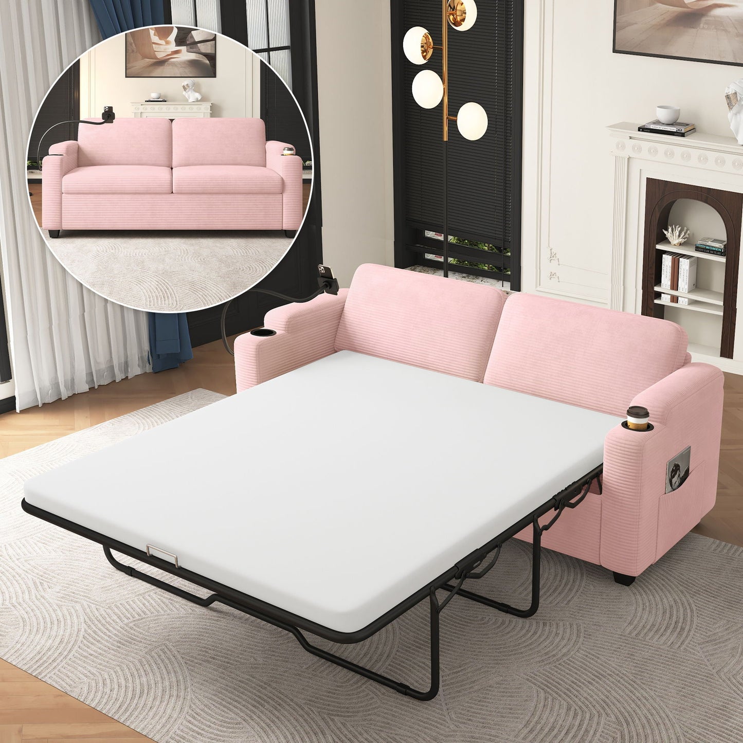 Sleeper Sofa Loveseat Sofa With Full Size Mattress, 2 USB Ports, 2 Cup Holders, 2 Side Pockets And Phone Holder
