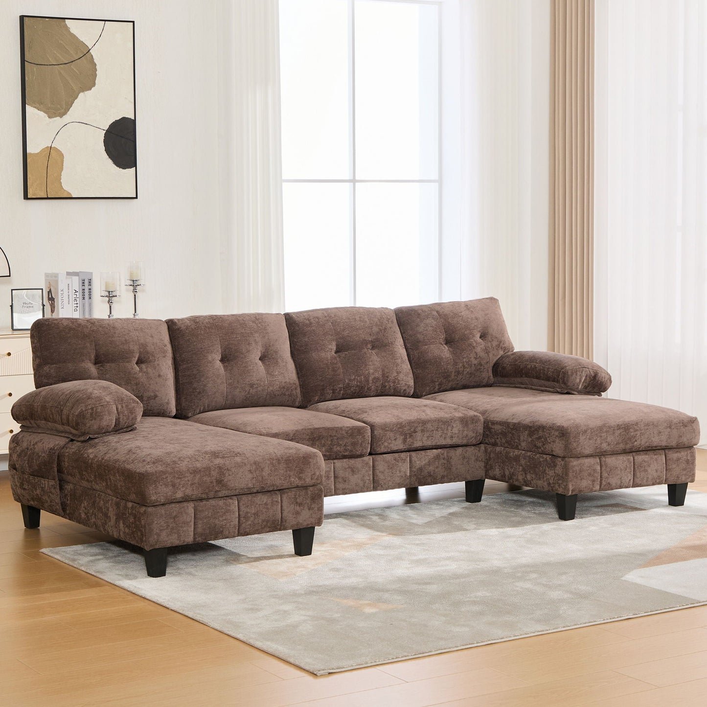 U-Shaped Sectional Sofa 103.5" Black Chenille Fabric Couch With Dual Chaise Lounges, Storage Pockets, Armrest Pillows