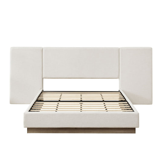 Muse - Queen Upholstered Platform Bed Frame - Ivory / Light Gray / Camel Oak