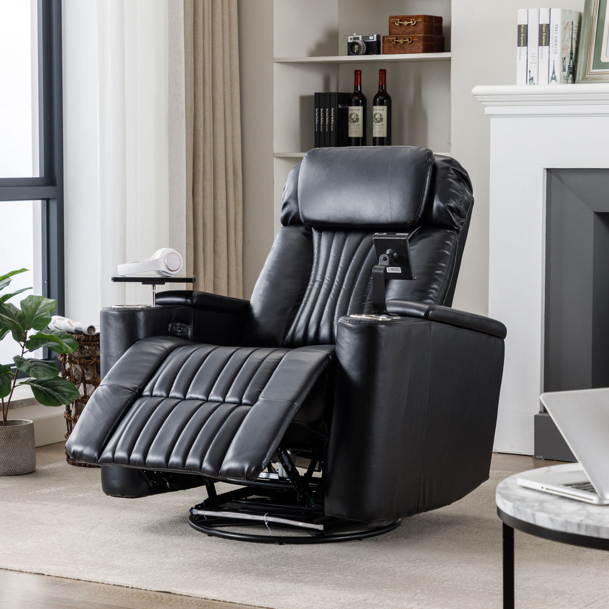 270° Power Swivel Recliner Home Theater Chair With Hidden Arm Storage, LED Light, Cup Holder, And Tray Table