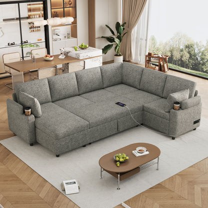U-Shaped Sectional Sleeper Sofa With Ample Storage Space, 2 Cup Holders And Charging Ports For Living Room