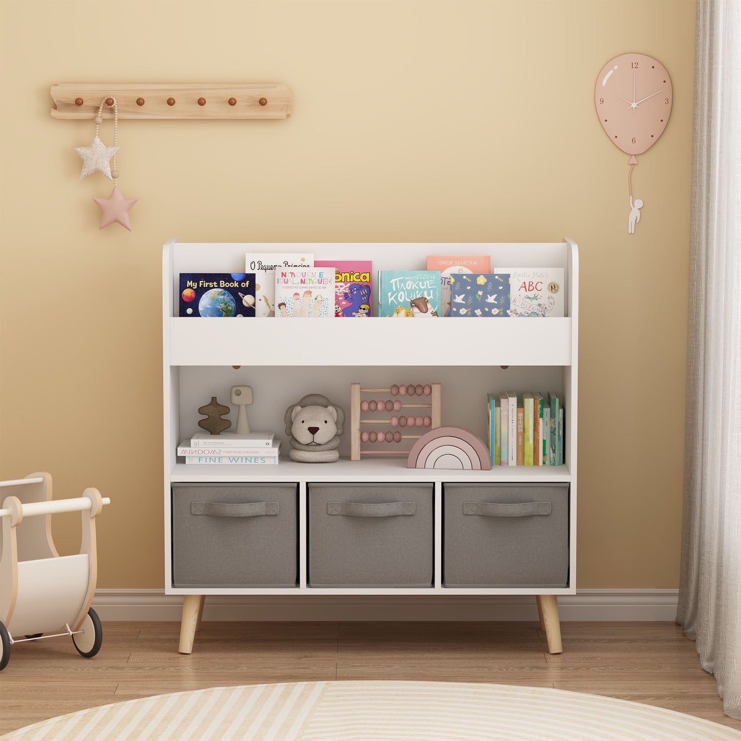 Bookshelf With 3 Bins, Storage Shelf For Toys And Books