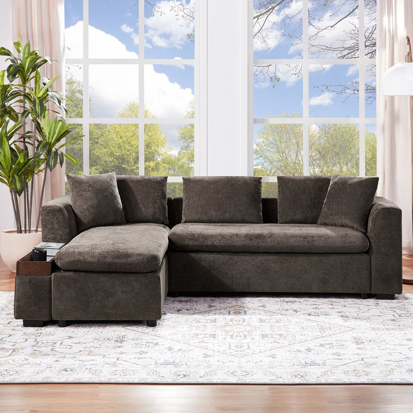 Modern L Shaped Sectional Sofa With Upholstery And Wooden Storage