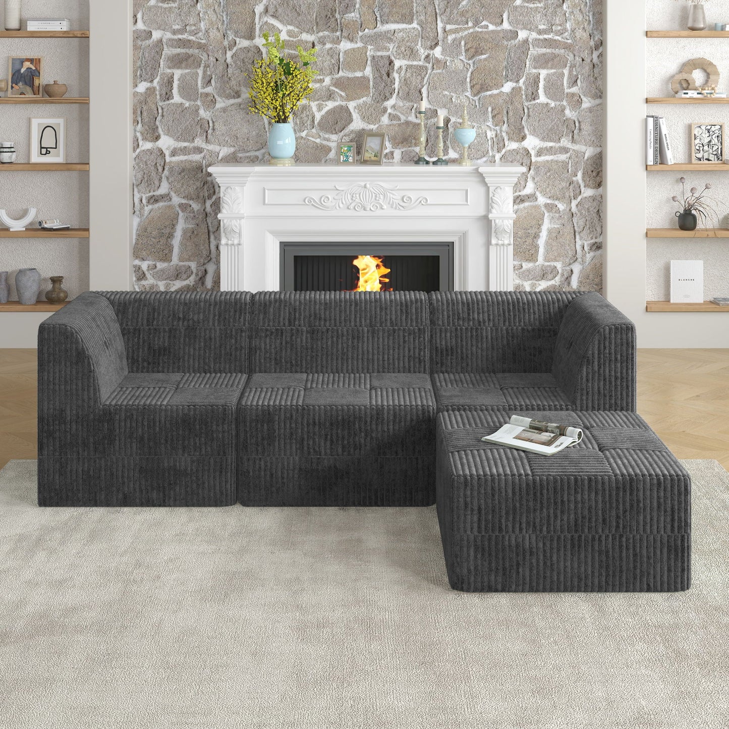 Modern Minimalist L Shape Modular Sectional Sofa, Sleeper Corduroy Couch