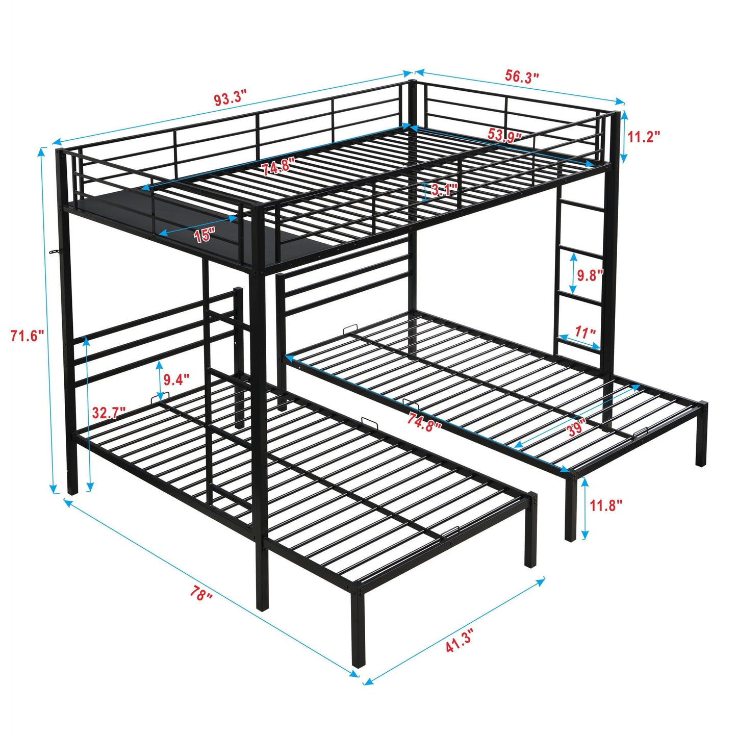 Modern Metal Triple Bunk Bed With Vertical Ladder, Safety Rail, And Storage Shelf - Black