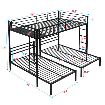 Modern Metal Triple Bunk Bed With Vertical Ladder, Safety Rail, And Storage Shelf - Black